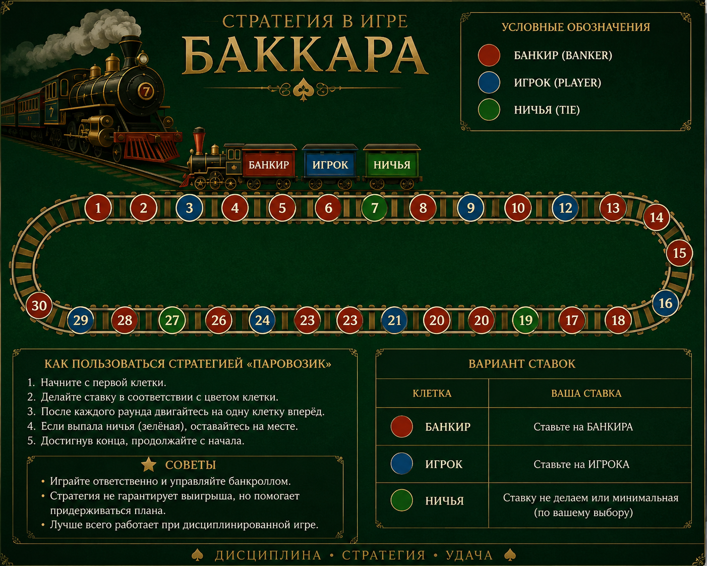 Стратегии для баккара, Паровозик, Мартингейл, ставка на Банкира
